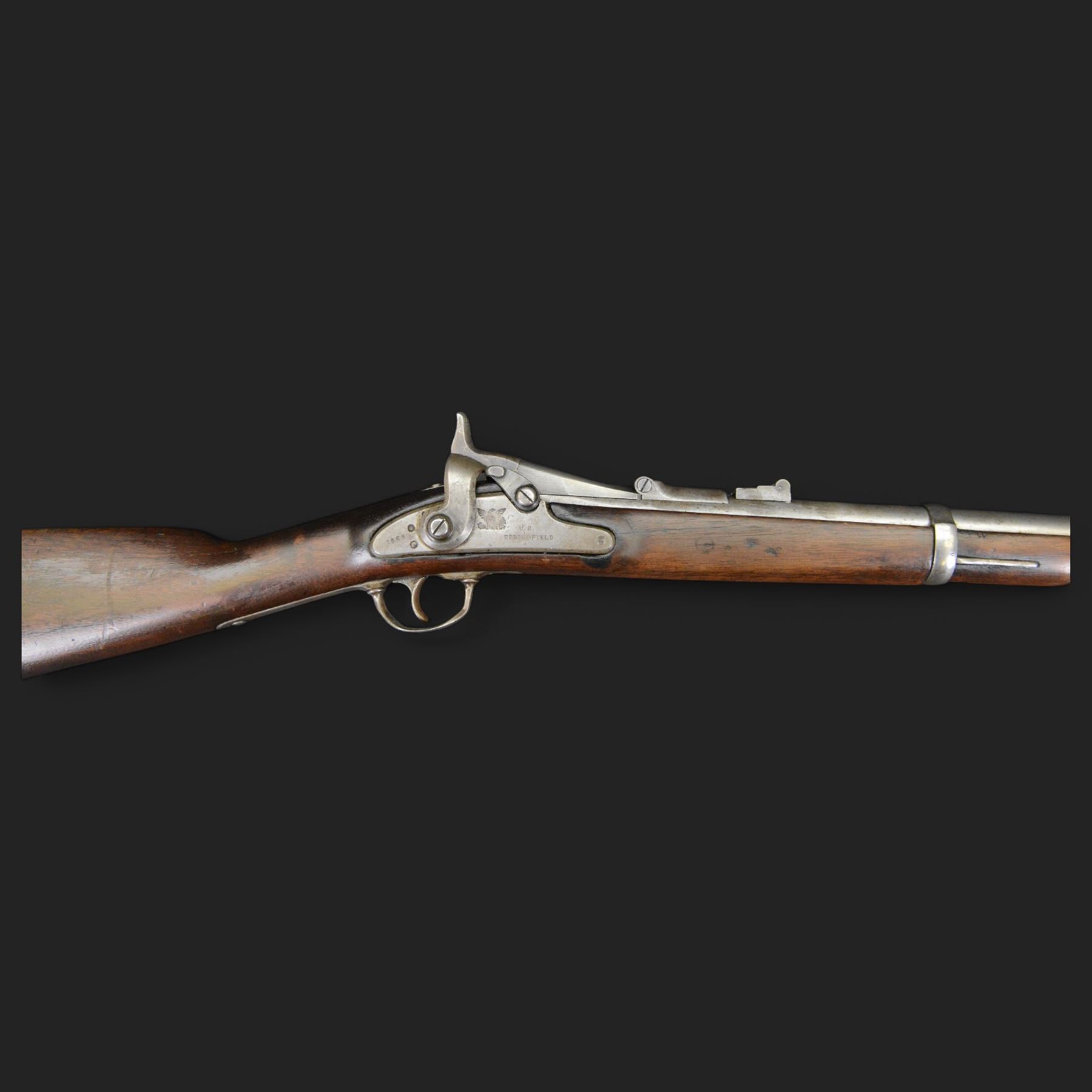 US Civil War Springfield percussion cavalry carbine, circa 1863, 50-70 Cal, the lock marked 1863 with eagle and 