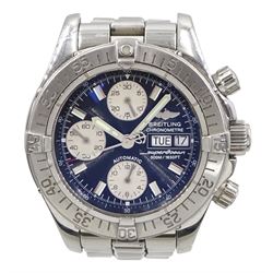 Breitling Superocean gentleman's stainless steel automatic chronograph wristwatch, Ref. A13340, blue dial with triple register recording hours, minutes and continuous seconds and date aperture, boxed with papers and additional links