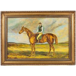 R Livingstone (English School 20th Century): Jockey on Horseback - potentially Lester Piggott, oil on wood panel signed; S Sparke (British 20th century): Roseberry Topping, pair of watercolours signed, one dated '84, and D W S (English School 20th Century): Boats Washed Up on the Beach, pair of watercolours signed with initials and dated '27, max 20cm x 45cm (5)