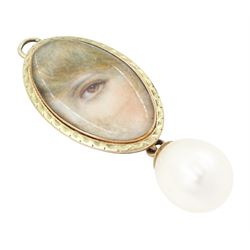 Georgian gold 'Lover's Eye' pendant, set with a lozenge shaped portrait miniature of a lady's eye on ivory, within a milled bezel and closed back, suspending a later cultured pearl drop. This lot has been registered for sale under Section 10 of the APHA Ivory Act