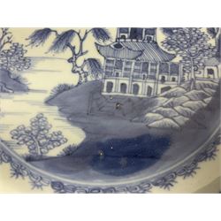 18th century Chinese export blue and white plate of octagonal form, with a pagoda landscape, D23cm
