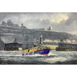 Jack Rigg (British 1927-2023): 'City of Sheffield' Lifeboat leaving Whitby, oil on board signed and dated 2004, 45cm x 65cm