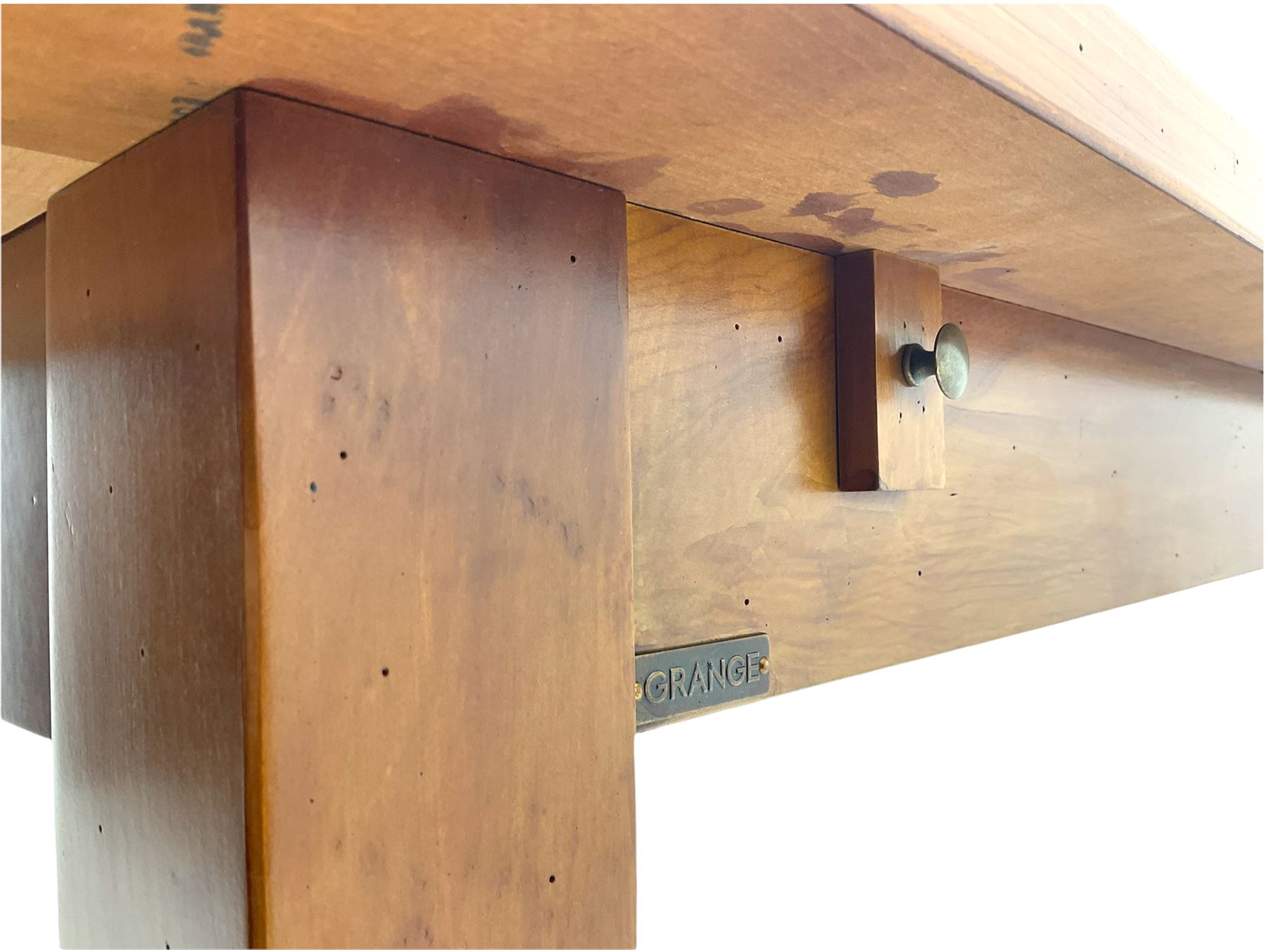 Grange Furniture cherry wood dining table, and eight chairs with rush seats