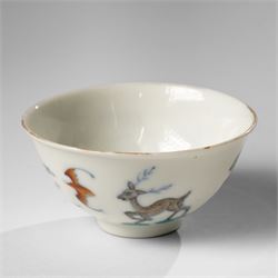 Chinese tea bowl painted with bats and deer, six character Guangxu mark to base, D9.5cm H5cm