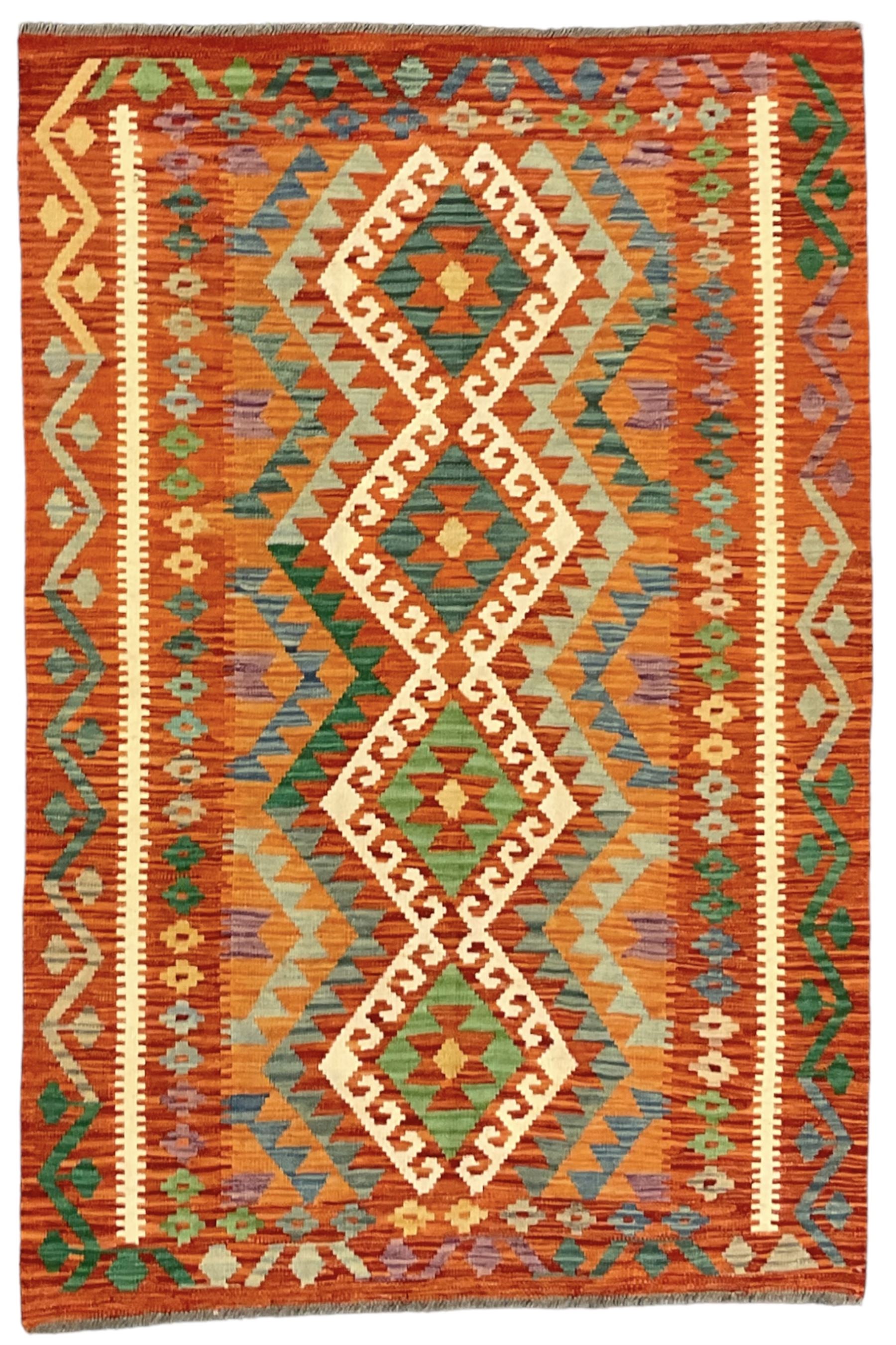Anatolian Turkish Kilim amber ground rug, the field decorated with four lozenges with ivory outline, the double banded orange border with repeating geometric patterns 