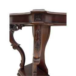 Victorian style mahogany console table, shaped moulded top on scrolled supports, moulded and canted base (W91cm, H76cm, D41cm), and a reproduction mahogany console or side table on reeded supports 
