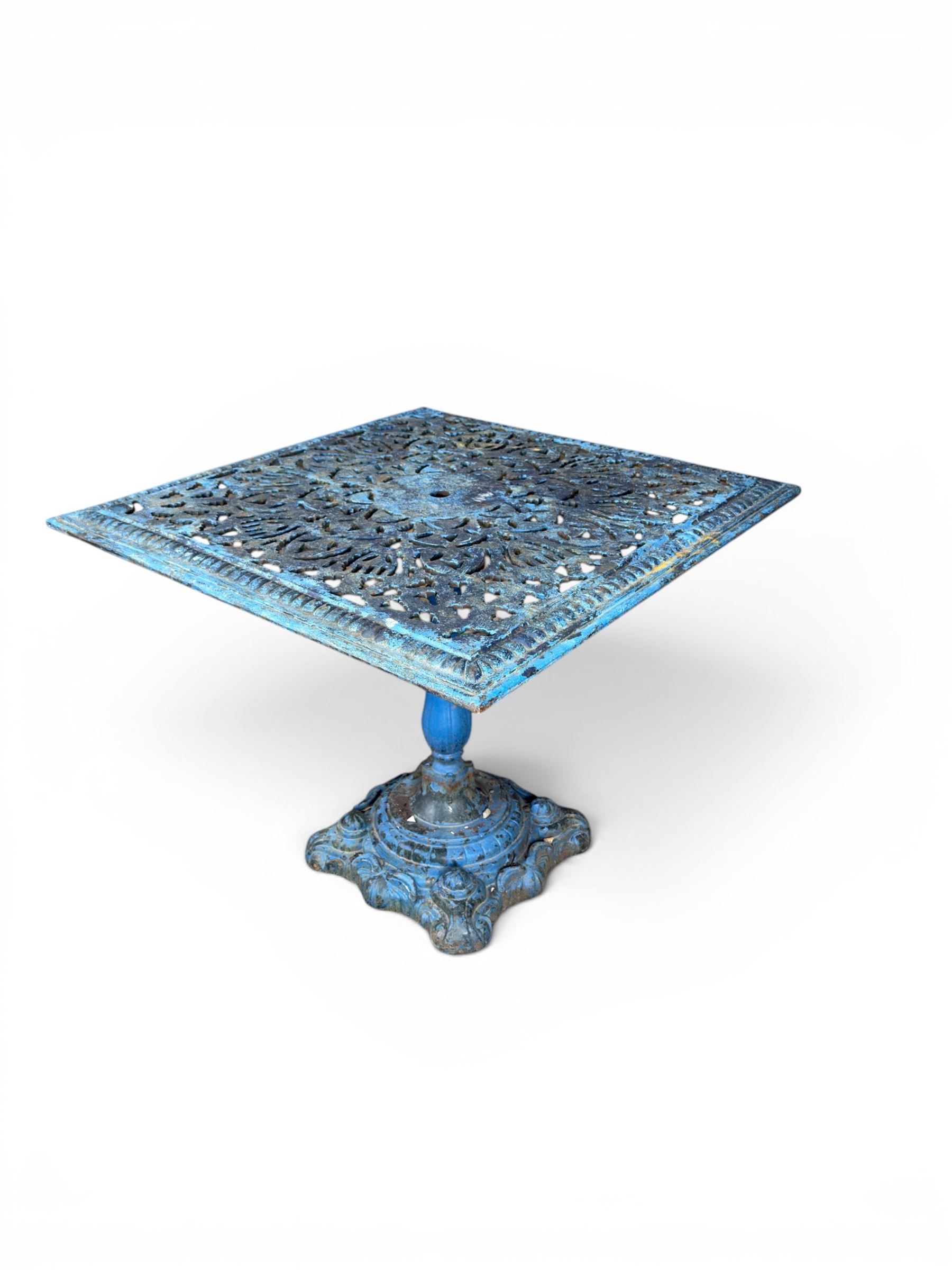 Victorian revival ornate cast iron garden table, pierced square top, pedestal base, finished in distressed blue paint