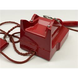 1950s Siemens Brothers red telephone with chrome rotary dial with enamel number plate and Siemens dial label, model 356, the body with base drawer below gilt logo, the handset with impressed mark PAT. 328926 PAT. SA 9/30, with red braided cord and red junction box (detatched), W15cm D18.5cm H14cm