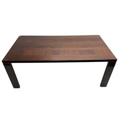 Large American walnut rectangular dining table on square block supports, together with set eight high back dining chairs with cream upholstered seats, the top and chair backs with matching inlaid geometric banding