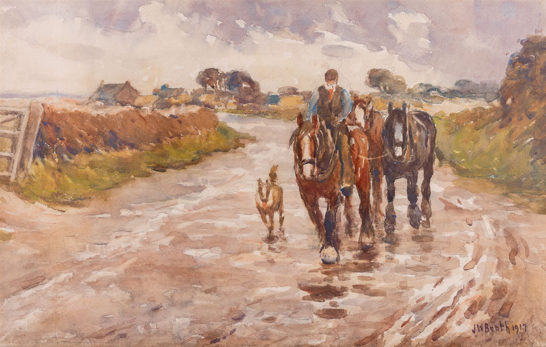 James William Booth (Staithes Group 1867-1953): Leading Horses Down a Lane, watercolour signed and dated 1917, 31cm x 49cm 