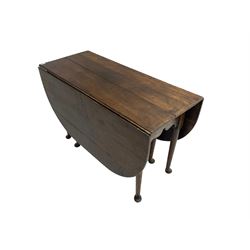 George III oak drop-leaf dining table, oval top over gate-leg action cabriole supports