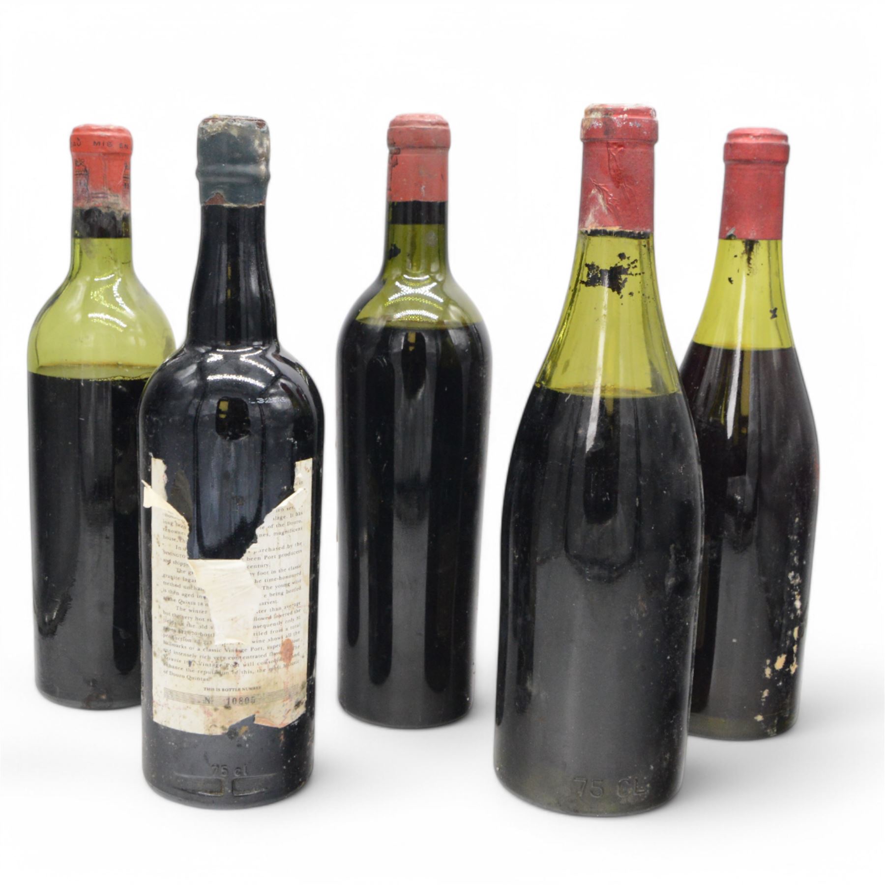 Mix red wine; Grand Vin de Chateau Latour 1953 Premier Grand Cru Classe, Pauillac, Chateau Lafite Rothschild 1953 Premier Cru Classe, Pauillac, Quimta Do Vesuvio 1991 vintage port and two other bottles of red wine, various contents and proof 
