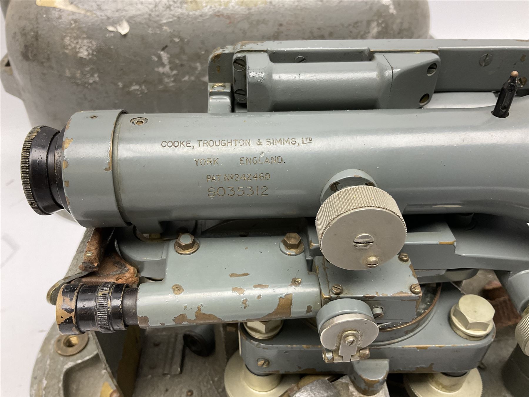 Cooke Troughton & Simms Ltd. York surveyor's level Pat.No. 242468 serial no. SO35312 with grey painted brass body L20cm; in grey metal case with domed lift-off lid; and Carl Zeiss Jena Optical Level NI 025, serial no.487011 with mustard japanned metal body in grey metal case with domed lift-off lid (2)