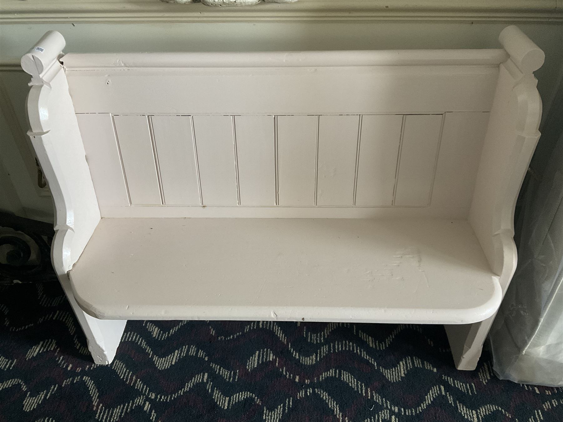 Small painted pew, with umbrella stands- LOT SUBJECT TO VAT ON THE HAMMER PRICE - To be collected by appointment from The Ambassador Hotel, 36-38 Esplanade, Scarborough YO11 2AY. ALL GOODS MUST BE REMOVED BY WEDNESDAY 15TH JUNE.