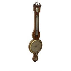 Late 19th century mahogany  mercury barometer by  Ciceri & Pine Edinburgh -  with a swans neck pediment, brass finial and rounded base, with a  circular hygrometer, boxed mercury thermometer, level bubble and 8