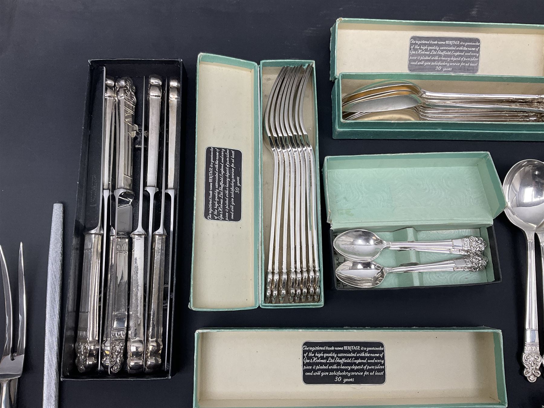 Gee & Holmes Ltd Elizabethan pattern part canteen of silver plated cutlery, stamped GH Heritage Plate