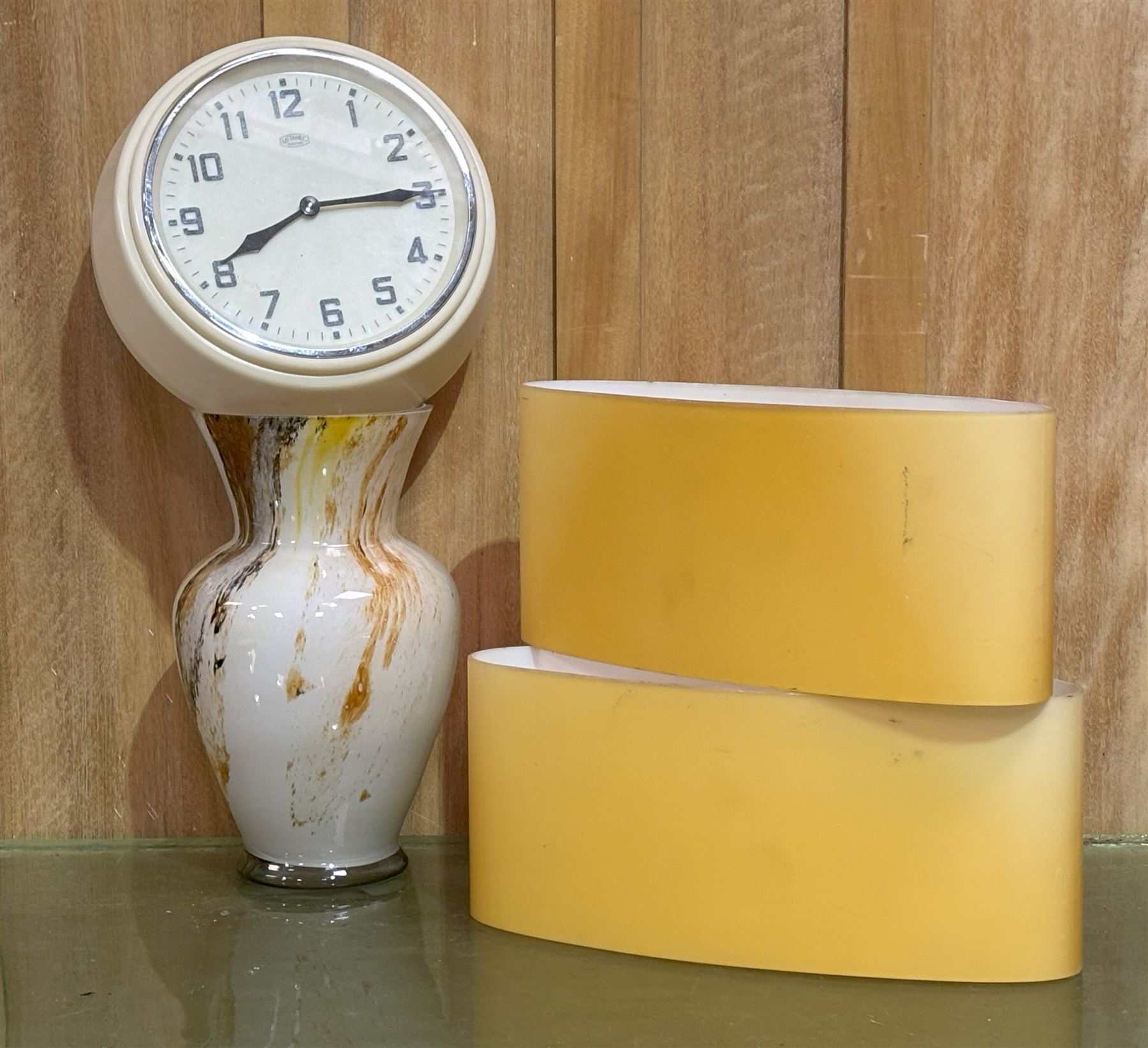 Pair of 1970's Italian glass wall sconces, (W33cm) together with a mid 20th century Metamic electric wall clock (D22cm) and an art glass vase (H27cm) (4) - COLLECTION BY APPOINTMENT FROM: The White House, Thirsk Road, Easingwold, York, YO61 3NF - CALL 01723 507111 TO ARRANGE