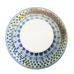 Andrew Osborne (1956 -): Geometric Jar and Bowl, with abstract design in typical blue and green glazes, incised marks to bases, jar H34cm