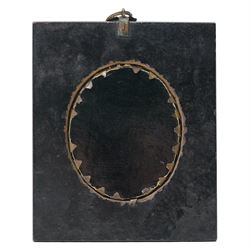 19th century miniature half length portrait on ivory of a lady wearing a gold locket, ebonised frame 13.5cm x 11.5cm