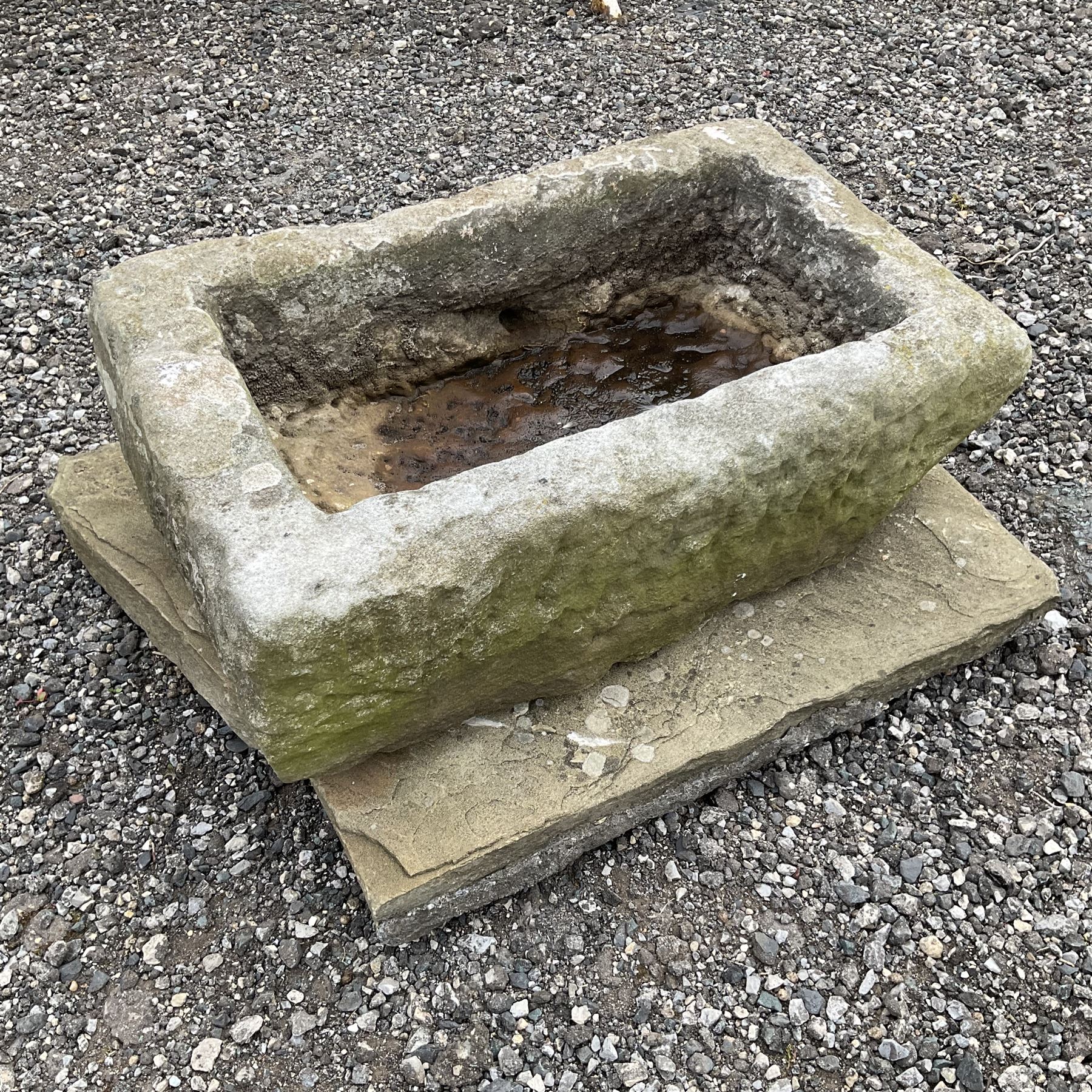 19th century small shallow carved stone trough on stone slab - THIS LOT IS TO BE COLLECTED BY APPOINTMENT FROM DUGGLEBY STORAGE, GREAT HILL, EASTFIELD, SCARBOROUGH, YO11 3TX
