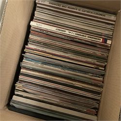 Collection of vinyl LP records in four boxes, mainly Jazz and Classical including Piano Rags by Scott Joplin, Sarah Vaughn, Duke Ellington and His Orchestra and Louis Armstrong, etc