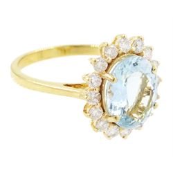 18ct gold aquamarine and diamond cluster ring, single oval cut aquamarine of approx 2.05 carat, surrounded by sixteen round brilliant cut diamonds, stamped, total diamond weight 0.40 carat