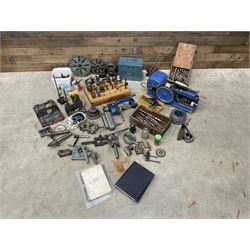 Myford Super 7 metal turning lathe with extensive collection of attachments, chucks, collets, bits; and precision metal saw