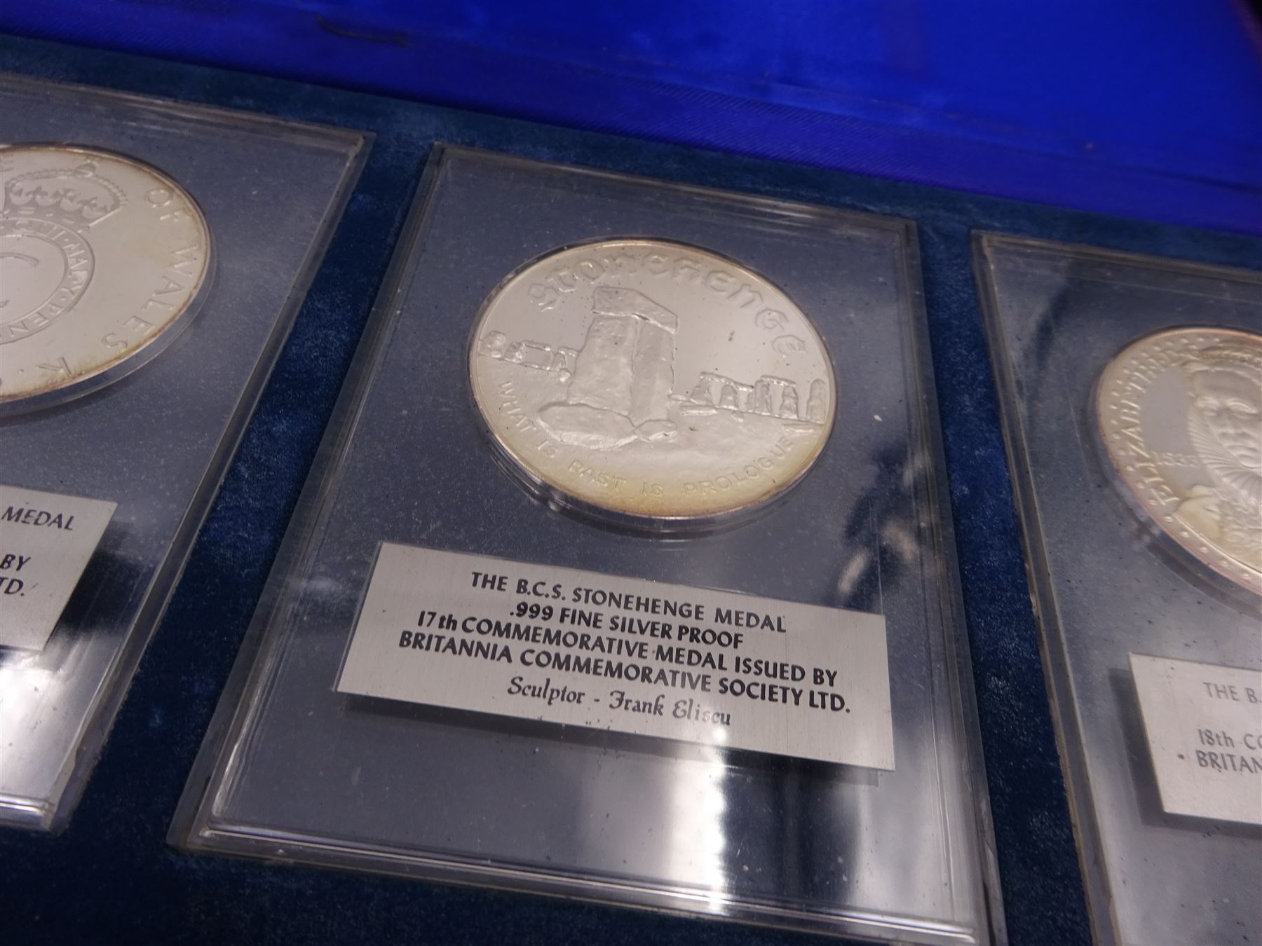 British Commemorative Society Ltd, set of six commemorative .999 fine silver proof medals, no. 13 to 18 , to include The Dunkirk Medal, The Captain Cook Medal, The Battle of Agincourt Medal, The Prince of Wales Investiture Medal, The Stonehenge Medal and The Queen Elizabeth Medal, each contained within clear perspex cases, in a silk lined fitted case