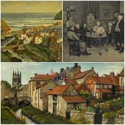 R Rosamond (Northern British 20th century): 'Staithes', acrylic on board signed 34cm x 44cm; JS Greaves (Northern British 20th century): 'Castlegate Helmsley', oil on board signed 29cm x 60cm; After Walter Dendy Sadler (British 1854-1923): Gentlemen with Pipes, engraving signed in pencil by artist and James Dobie 42cm x 58cm (3)