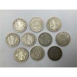 Ten King George V silver half crown coins, five dated 1818, five 1919 