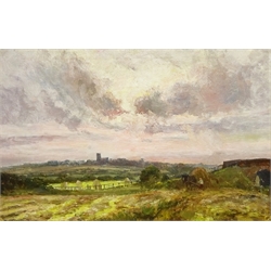 John Falconar Slater (British 1857-1937): Haytime looking towards Earsdon Church Northumberland, oil on canvas signed 29cm x 44cm