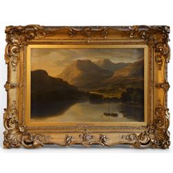 Sir Augustus Wall Callcott (British 1779-1844): 'Skiddaw and Derwent Water', oil on canvas inscribed and titled on the mount 66cm x 100cm, in 19th century gilt and gesso swept ornate frame with scrolling scalloped shell motifs