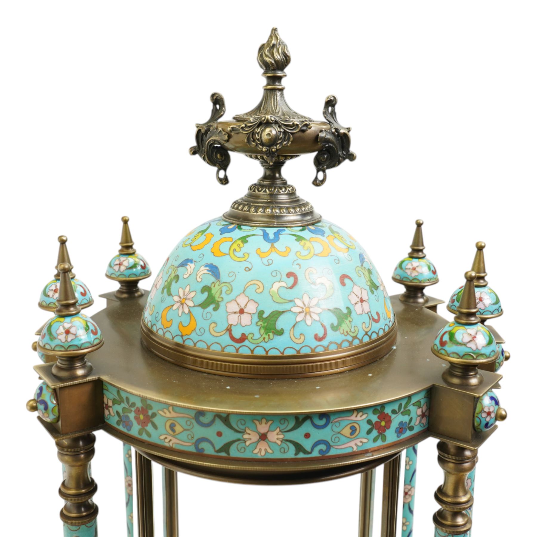 20th century Chinese cloisonne style portico display stand with urn mounted domed top and glass side panels H65cm