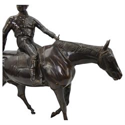 After Isidore Jules Bonheur (1827-1901): Large bronze equestrian group of Racehorse and Jockey on shaped naturalistic base, 57cm x 67cm 