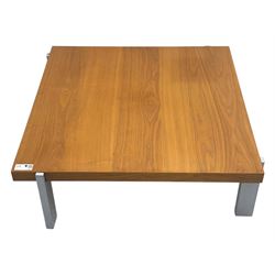 BoConcept - contemporary walnut coffee table, square top with clean lines and minimalistic design, supported by silver brush metal supports