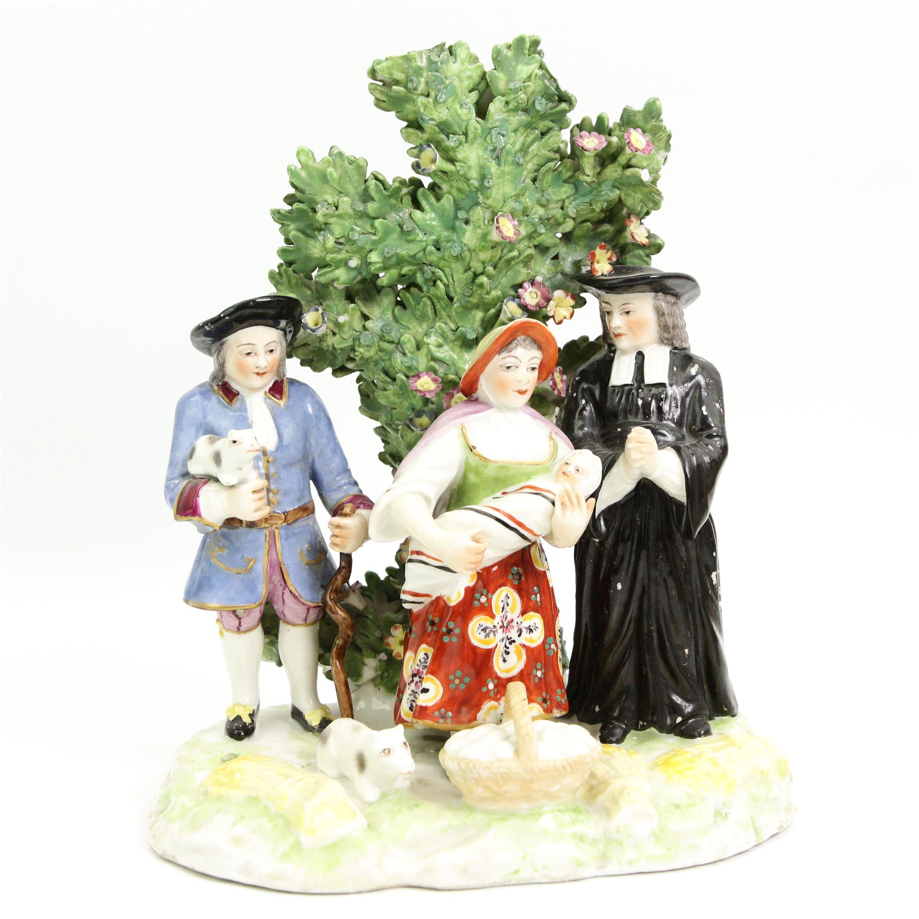 Early 19th century Staffordshire figure modelled as a shepherdess and lamb before a bocage, H17cm, Staffordshire dairy maid, Rebecca at the Well and another, together with a 19th century Samson poodle in the Chelsea style and Samson porcelain model of the Tythe Pig group (6)