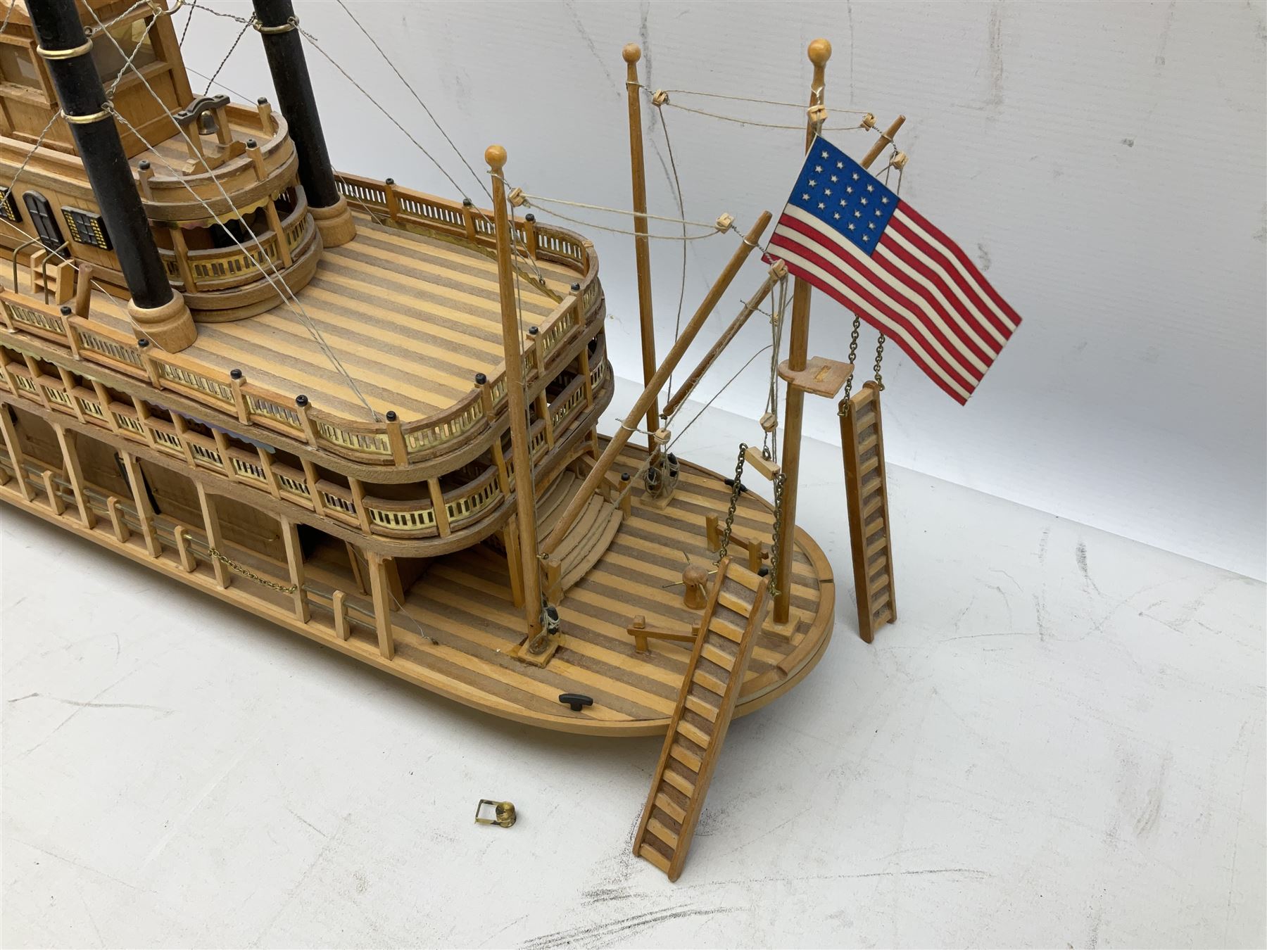 Hand built model of a river paddle steamer 'King of the Mississippi' and a sailing ship with three masts and unfurled sails, largest example H80cm, L101cm