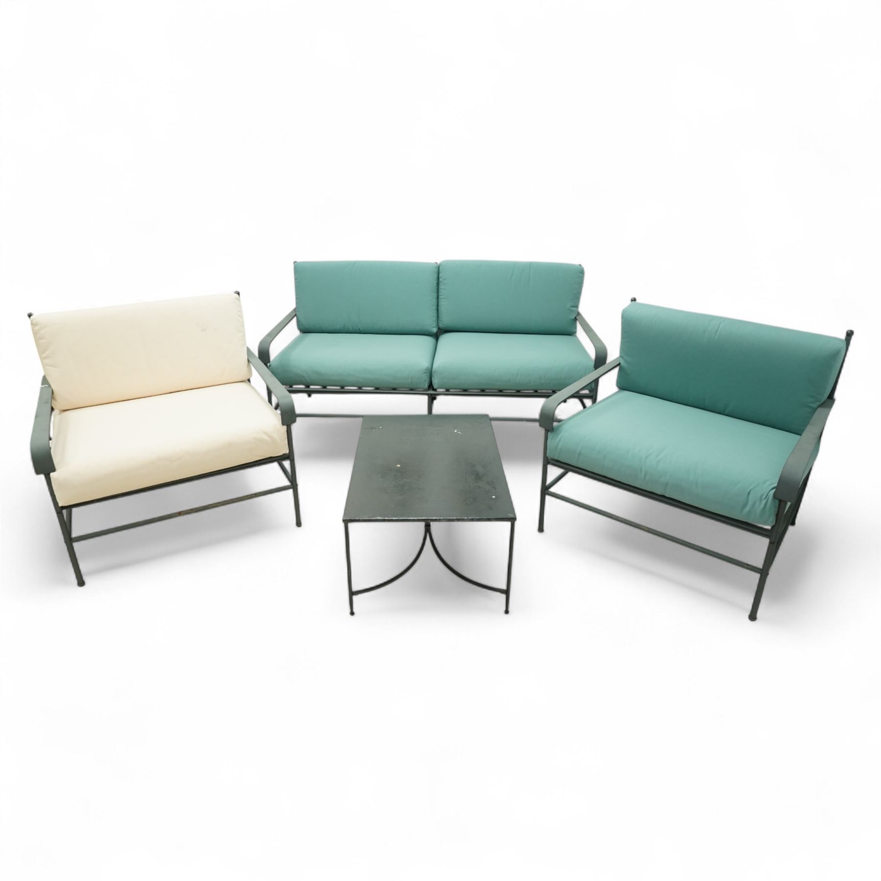 Unopiu - Italian designer 'Toscana' garden suite, comprising two seat sofa and two armchairs with table, wrought metal with loose seat cushions (Armchair W 82cm, D 72cm, H 81cm)