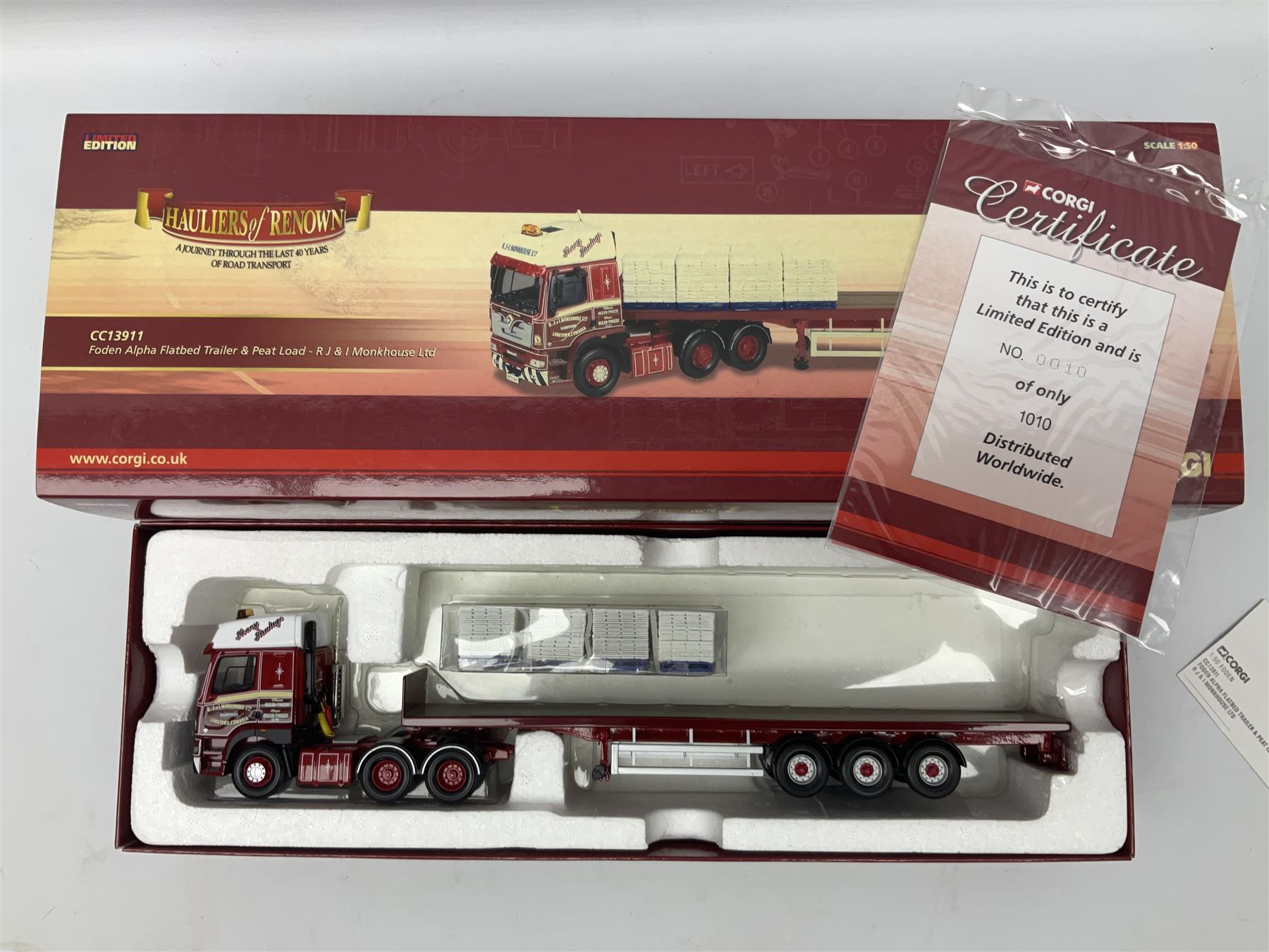 Corgi - three limited edition Hauliers of Renown lorries; CC13715 Scania R Series Topline Houghton Parkhouse 'The Professional' Livestock Transporter Chris Waite Transport; CC13812 Mercedes-Benz Actros Curtainside Eddie Stobart Ltd/Knauf; and CC13911 Foden Alpha Flatbed Trailer & Peat load R.J. & I. Monkhouse Ltd; all boxed with slipcases (3)