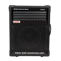 Nine Watkins WEM Song Bird Accordion amplifiers and speakers, including three Silver Songbird Full Range speakers, two Song Bird 200 amplifiers, two WEM amplifier heads and two Song Bird 200 speakers, largest H50cm 