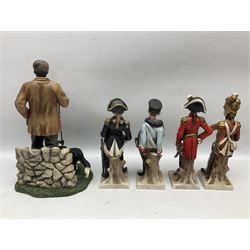 The Leonardo Collection shepherd figure, from the Country Life collection, together with a Leonardo Collection figure group of a farmer on tractor with his dog, and six figures of various soldiers, some stamped foreign beneath, tallest H33cm