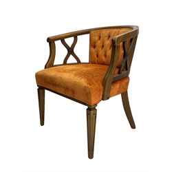 Regency style wide seat tub-shaped armchair, beech framed upholstered in orange, buttoned back, on square tapering front supports