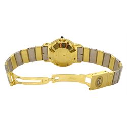 Cartier Santos ladies 18ct white and yellow gold automatic wristwatch, hexagonal case, white dial with date aperture and sapphire crown, on 18ct gold bracelet, hallmarked, with gold-over clasp, with red pouch