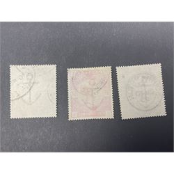 Great Britain Queen Victoria 1883-4 stamps, comprising two shillings and sixpence, five shillings and ten shillings, all used, all previously mounted