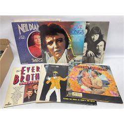 Mid 20th century cigarette box in the form of a gondola, the faux tortoiseshell with mother of pearl inlay (a/f), cased mantel clock with silvered numerical dial, oak lidded tea jar caddy, oak box, silver-plate cutlery, quantity of records, Smith's empire miniature clock, stamps etc