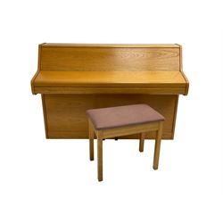 Bentley - teak cased upright piano, iron framed and overstrung, with stool