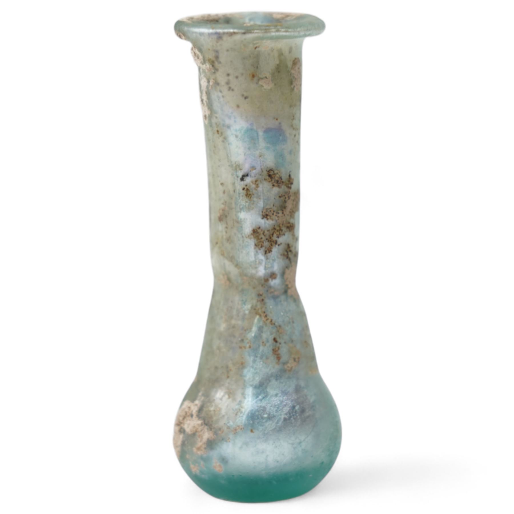 Three Roman glass funerary vessels c. 1st-3rd century AD, comprising a group of free-blown glass vessels: two unguentaria with elongated necks and rounded bases, and one squat lachrymatory or tear bottle, heights: 7.5cm, 6.5cm and 5cm
Notes: Unguentaria held oils/perfumes; small bottles of this type are traditionally described as ‘lachrymatories’, though their practical use is generally associated with unguents
Provenance: By the vendor’s repute, acquired/collected in the Middle East (Dead Sea area/Syria) in the 1960s