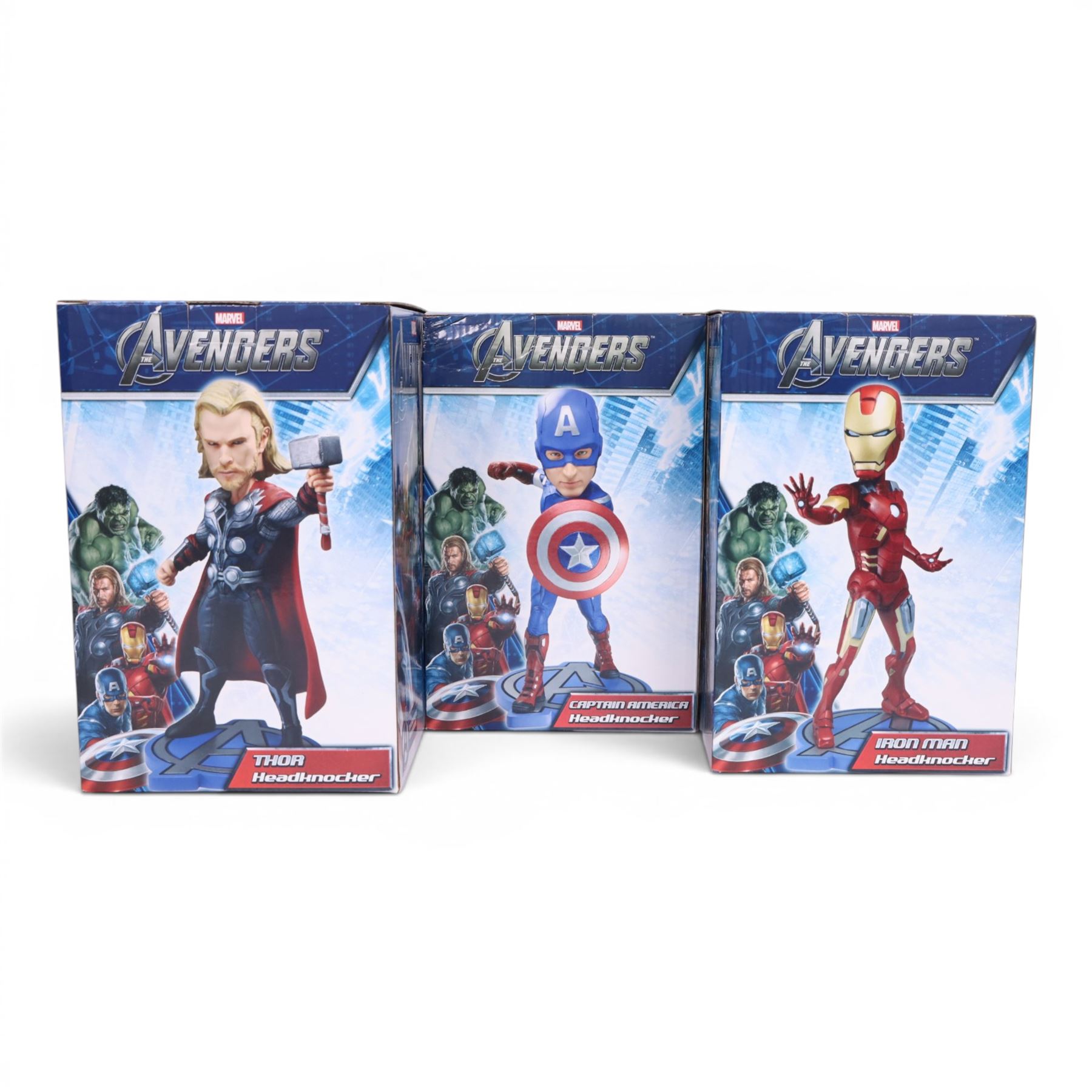 Three Neca Marvel The Avengers Headknockers, Captain America, Iron Man and Thor, all boxed