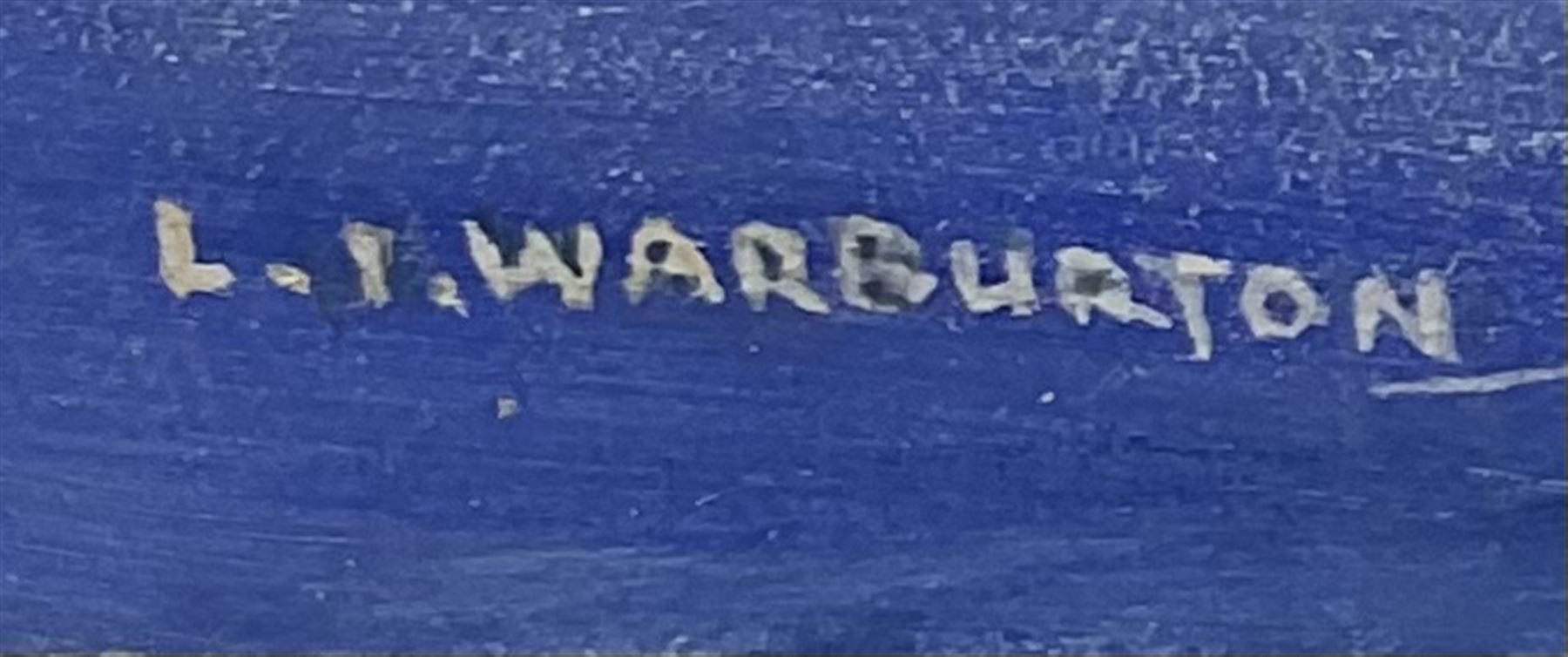 Leslie I Warburton (British 1917-2014): Cityscape with Figures and Lake District Landscape, watercolour and oil on board, respectively; Joan M Pook (British 1927-2011): Figures Walking Down Woodland Path, acrylic on board signed max 35cm x 46cm (3) (unframed)