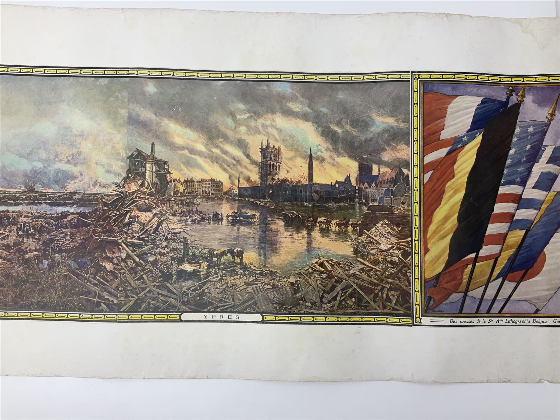 After A. Bastien, very long WW1 panoramic colour print entitled 'Panorama of the Battle of the Yser in 1914' depicting Ypres, Dixmude, Boucle de Tervaete, Nieuport (2) and region des Dunes, flanked by Flags of the Allies 45 x 337cm; unframed